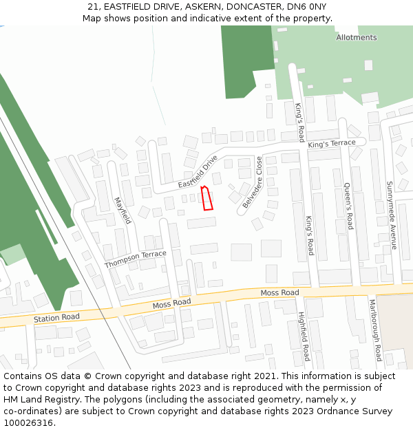 21, EASTFIELD DRIVE, ASKERN, DONCASTER, DN6 0NY: Location map and indicative extent of plot