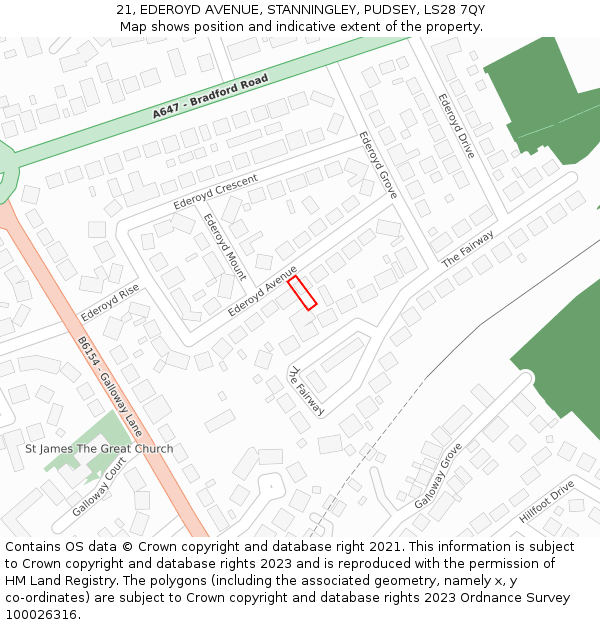 21, EDEROYD AVENUE, STANNINGLEY, PUDSEY, LS28 7QY: Location map and indicative extent of plot