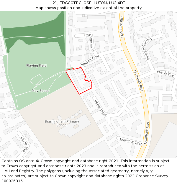 21, EDGCOTT CLOSE, LUTON, LU3 4DT: Location map and indicative extent of plot