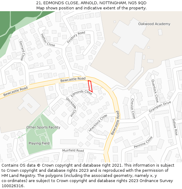 21, EDMONDS CLOSE, ARNOLD, NOTTINGHAM, NG5 9QD: Location map and indicative extent of plot