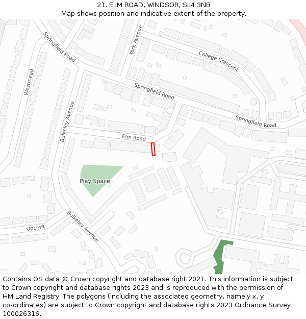 21, ELM ROAD, WINDSOR, SL4 3NB: Location map and indicative extent of plot