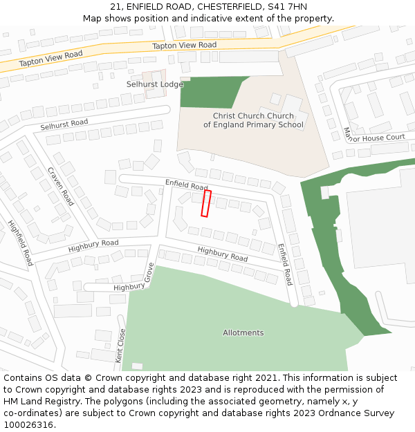 21, ENFIELD ROAD, CHESTERFIELD, S41 7HN: Location map and indicative extent of plot
