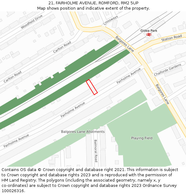 21, FAIRHOLME AVENUE, ROMFORD, RM2 5UP: Location map and indicative extent of plot