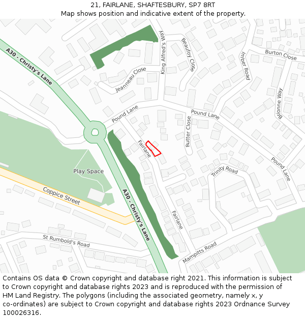 21, FAIRLANE, SHAFTESBURY, SP7 8RT: Location map and indicative extent of plot