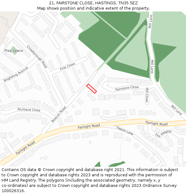 21, FAIRSTONE CLOSE, HASTINGS, TN35 5EZ: Location map and indicative extent of plot