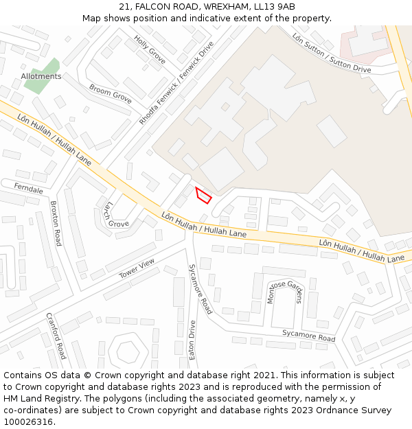 21, FALCON ROAD, WREXHAM, LL13 9AB: Location map and indicative extent of plot