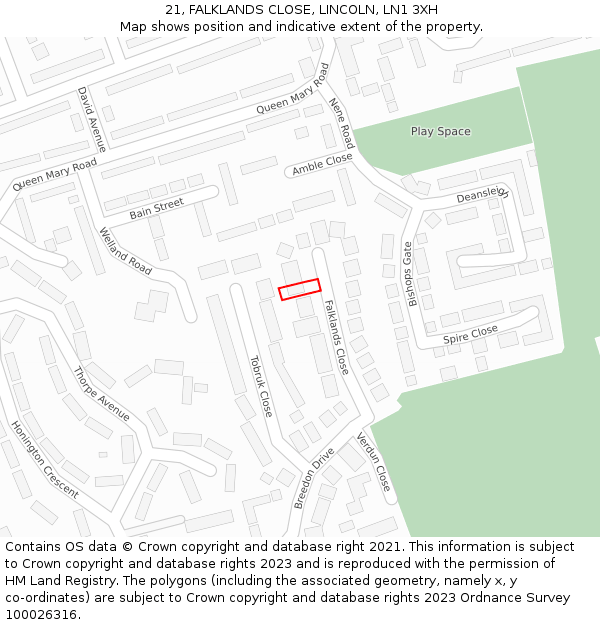 21, FALKLANDS CLOSE, LINCOLN, LN1 3XH: Location map and indicative extent of plot