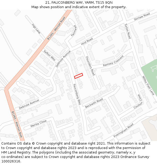 21, FAUCONBERG WAY, YARM, TS15 9QN: Location map and indicative extent of plot