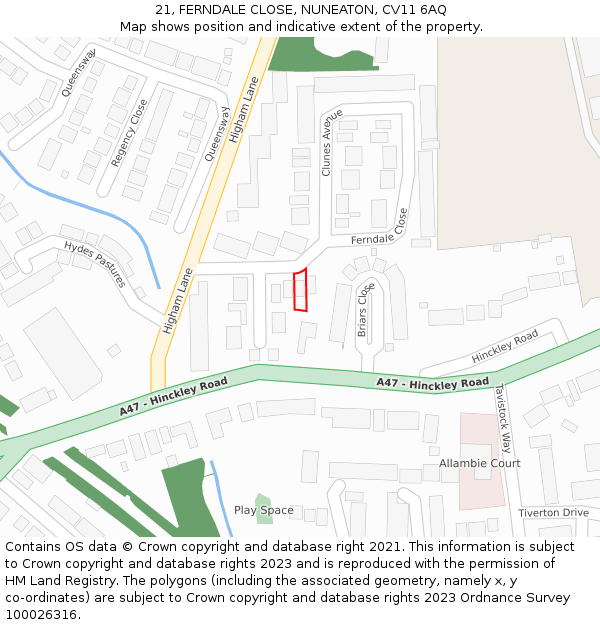 21, FERNDALE CLOSE, NUNEATON, CV11 6AQ: Location map and indicative extent of plot