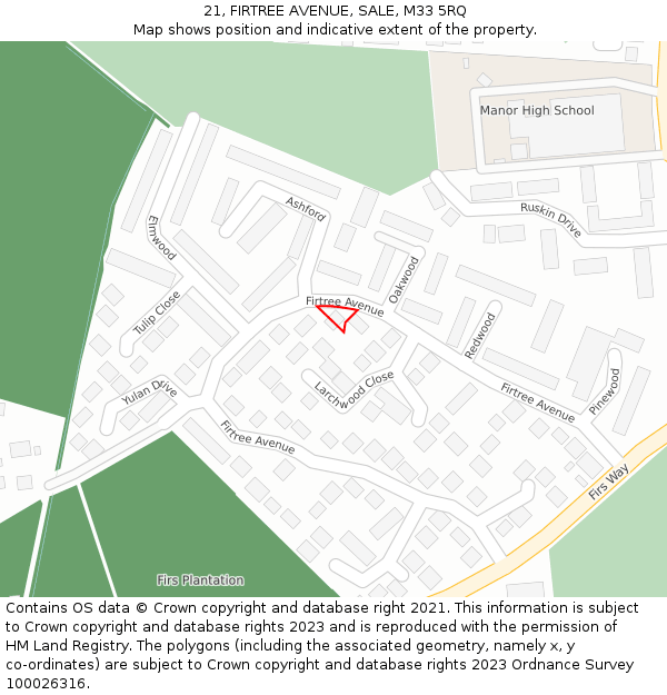 21, FIRTREE AVENUE, SALE, M33 5RQ: Location map and indicative extent of plot