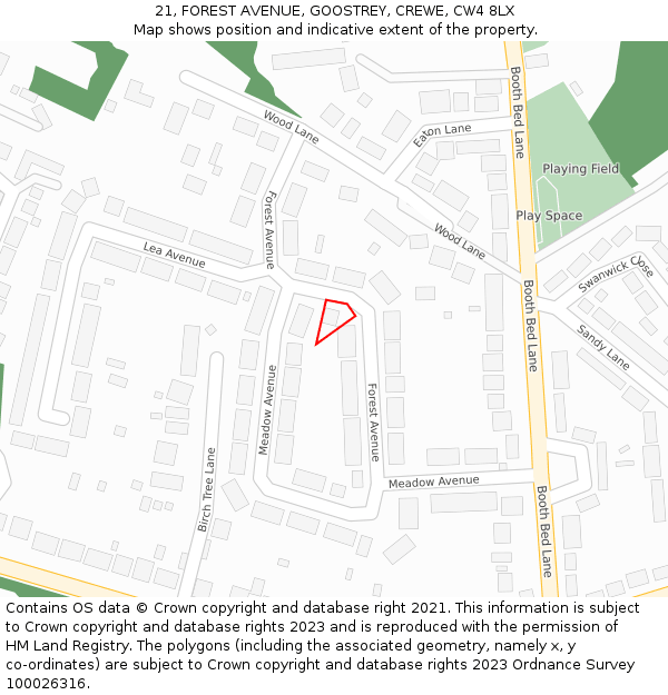 21, FOREST AVENUE, GOOSTREY, CREWE, CW4 8LX: Location map and indicative extent of plot