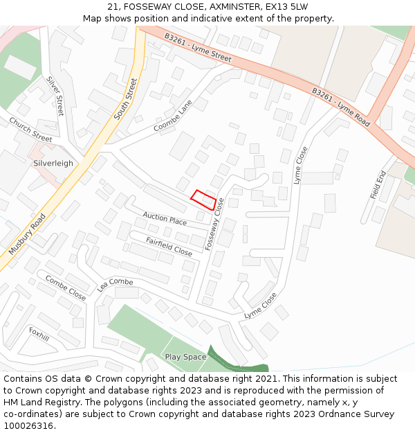 21, FOSSEWAY CLOSE, AXMINSTER, EX13 5LW: Location map and indicative extent of plot
