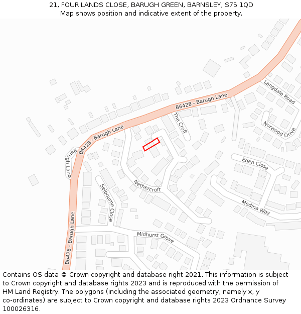 21, FOUR LANDS CLOSE, BARUGH GREEN, BARNSLEY, S75 1QD: Location map and indicative extent of plot