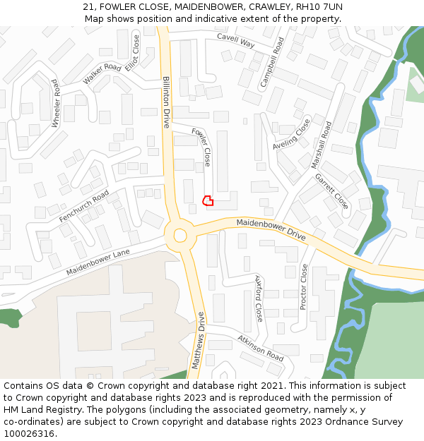 21, FOWLER CLOSE, MAIDENBOWER, CRAWLEY, RH10 7UN: Location map and indicative extent of plot