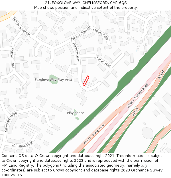 21, FOXGLOVE WAY, CHELMSFORD, CM1 6QS: Location map and indicative extent of plot