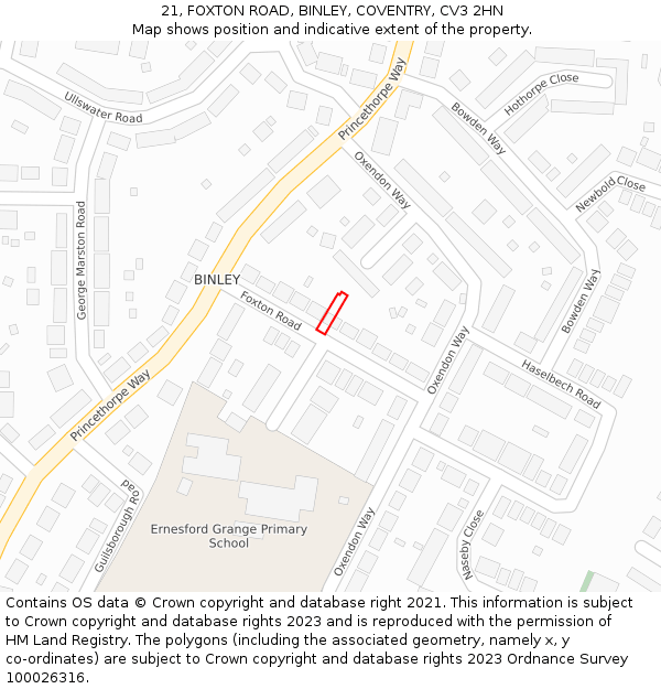 21, FOXTON ROAD, BINLEY, COVENTRY, CV3 2HN: Location map and indicative extent of plot