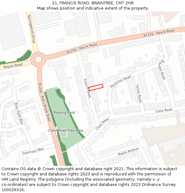 21, FRANCIS ROAD, BRAINTREE, CM7 2NR: Location map and indicative extent of plot