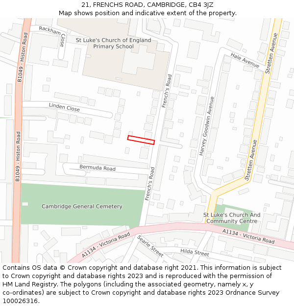 21, FRENCHS ROAD, CAMBRIDGE, CB4 3JZ: Location map and indicative extent of plot
