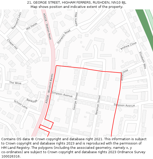 21, GEORGE STREET, HIGHAM FERRERS, RUSHDEN, NN10 8JL: Location map and indicative extent of plot