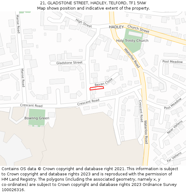 21, GLADSTONE STREET, HADLEY, TELFORD, TF1 5NW: Location map and indicative extent of plot