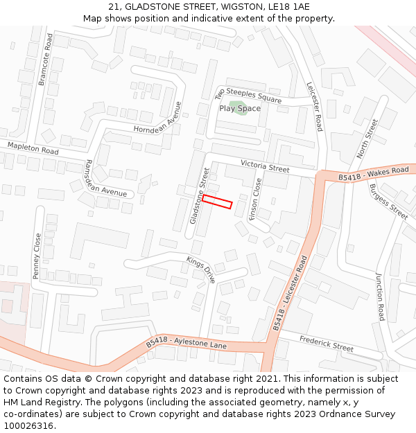 21, GLADSTONE STREET, WIGSTON, LE18 1AE: Location map and indicative extent of plot