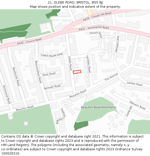 21, GLEBE ROAD, BRISTOL, BS5 8JJ: Location map and indicative extent of plot