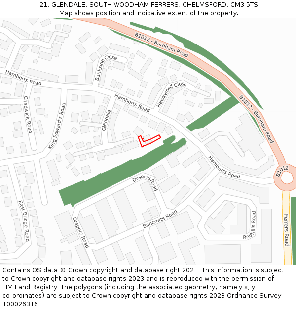 21, GLENDALE, SOUTH WOODHAM FERRERS, CHELMSFORD, CM3 5TS: Location map and indicative extent of plot