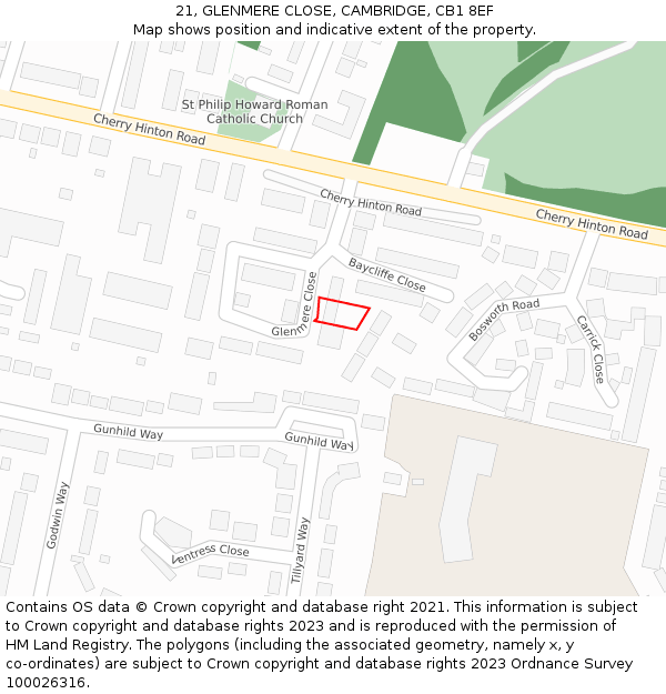 21, GLENMERE CLOSE, CAMBRIDGE, CB1 8EF: Location map and indicative extent of plot