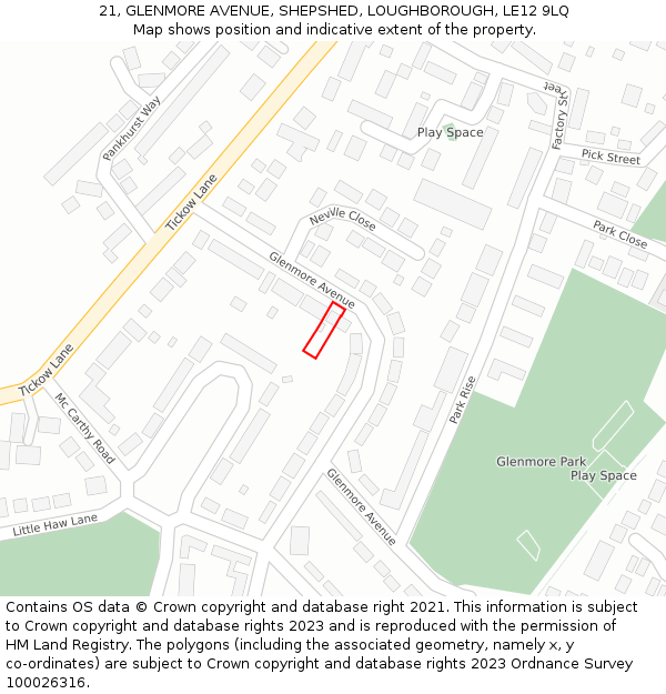 21, GLENMORE AVENUE, SHEPSHED, LOUGHBOROUGH, LE12 9LQ: Location map and indicative extent of plot