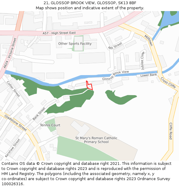 21, GLOSSOP BROOK VIEW, GLOSSOP, SK13 8BF: Location map and indicative extent of plot