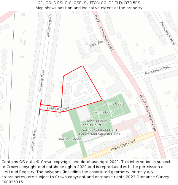 21, GOLDIESLIE CLOSE, SUTTON COLDFIELD, B73 5PS: Location map and indicative extent of plot