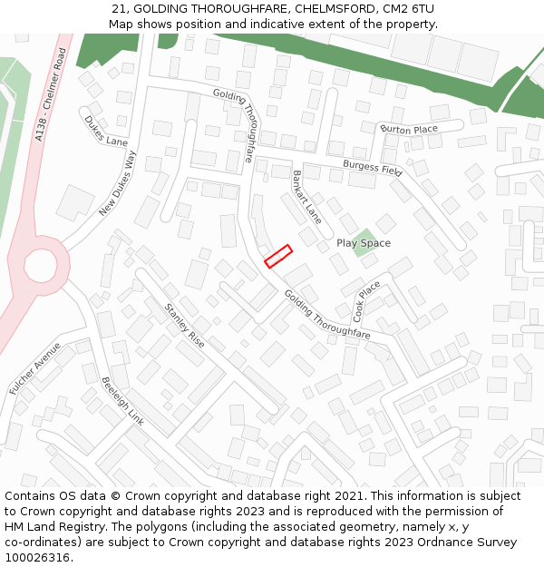 21, GOLDING THOROUGHFARE, CHELMSFORD, CM2 6TU: Location map and indicative extent of plot