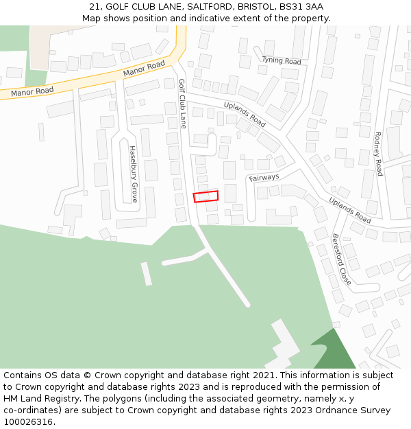 21, GOLF CLUB LANE, SALTFORD, BRISTOL, BS31 3AA: Location map and indicative extent of plot