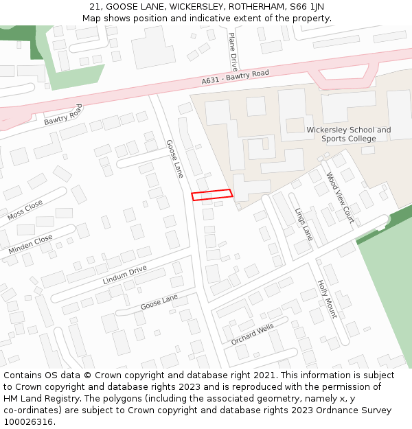 21, GOOSE LANE, WICKERSLEY, ROTHERHAM, S66 1JN: Location map and indicative extent of plot