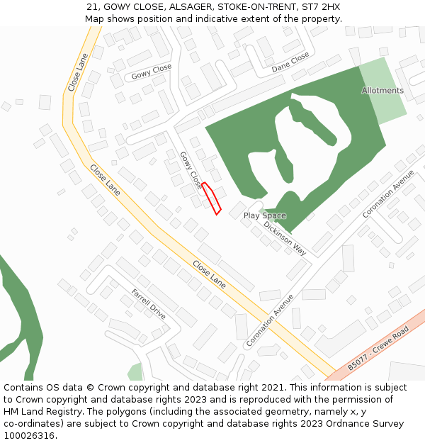21, GOWY CLOSE, ALSAGER, STOKE-ON-TRENT, ST7 2HX: Location map and indicative extent of plot