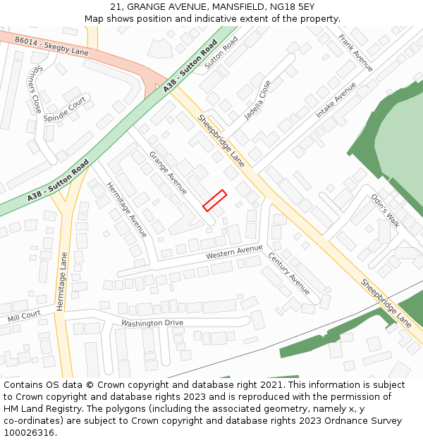 21, GRANGE AVENUE, MANSFIELD, NG18 5EY: Location map and indicative extent of plot