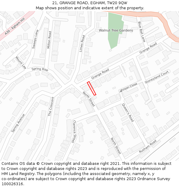 21, GRANGE ROAD, EGHAM, TW20 9QW: Location map and indicative extent of plot