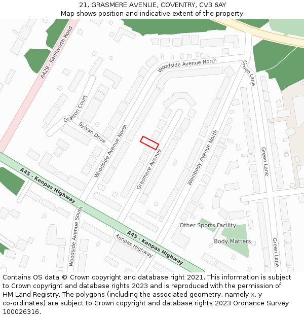 21, GRASMERE AVENUE, COVENTRY, CV3 6AY: Location map and indicative extent of plot