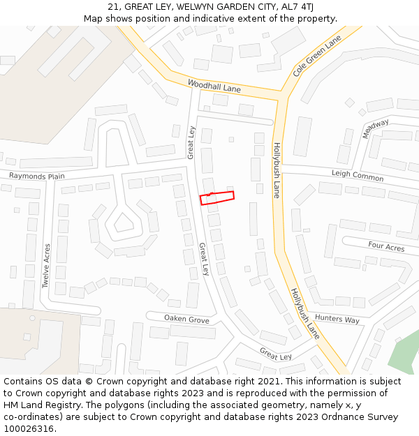 21, GREAT LEY, WELWYN GARDEN CITY, AL7 4TJ: Location map and indicative extent of plot