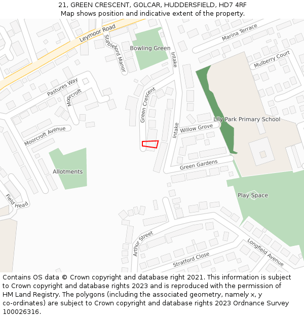 21, GREEN CRESCENT, GOLCAR, HUDDERSFIELD, HD7 4RF: Location map and indicative extent of plot
