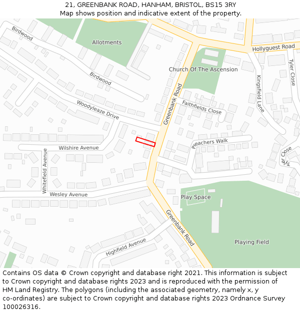 21, GREENBANK ROAD, HANHAM, BRISTOL, BS15 3RY: Location map and indicative extent of plot