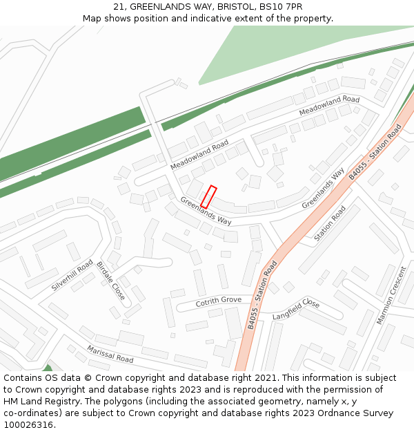 21, GREENLANDS WAY, BRISTOL, BS10 7PR: Location map and indicative extent of plot