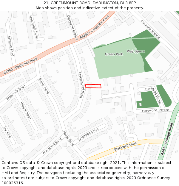 21, GREENMOUNT ROAD, DARLINGTON, DL3 8EP: Location map and indicative extent of plot