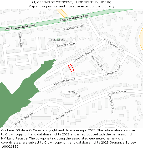 21, GREENSIDE CRESCENT, HUDDERSFIELD, HD5 8QJ: Location map and indicative extent of plot