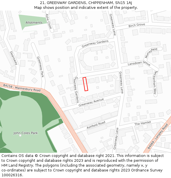 21, GREENWAY GARDENS, CHIPPENHAM, SN15 1AJ: Location map and indicative extent of plot