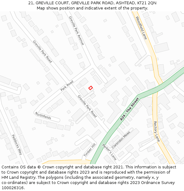 21, GREVILLE COURT, GREVILLE PARK ROAD, ASHTEAD, KT21 2QN: Location map and indicative extent of plot