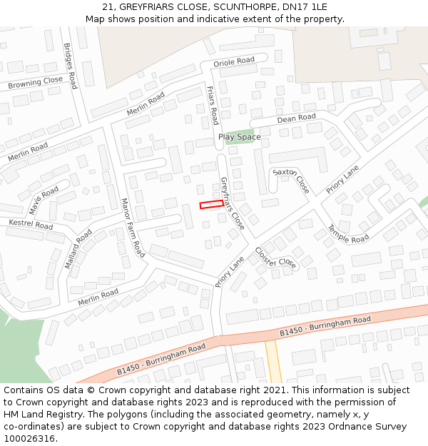 21, GREYFRIARS CLOSE, SCUNTHORPE, DN17 1LE: Location map and indicative extent of plot