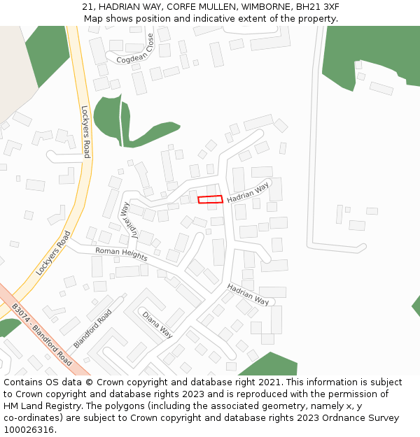 21, HADRIAN WAY, CORFE MULLEN, WIMBORNE, BH21 3XF: Location map and indicative extent of plot