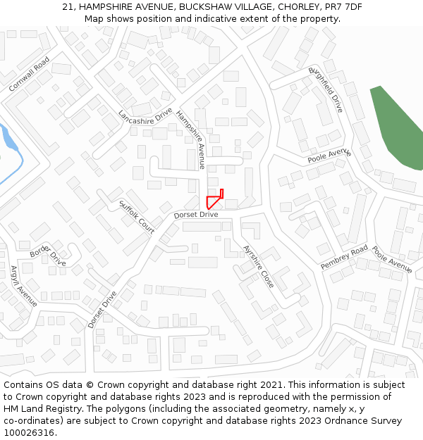 21, HAMPSHIRE AVENUE, BUCKSHAW VILLAGE, CHORLEY, PR7 7DF: Location map and indicative extent of plot