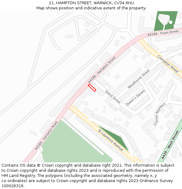 21, HAMPTON STREET, WARWICK, CV34 6HU: Location map and indicative extent of plot